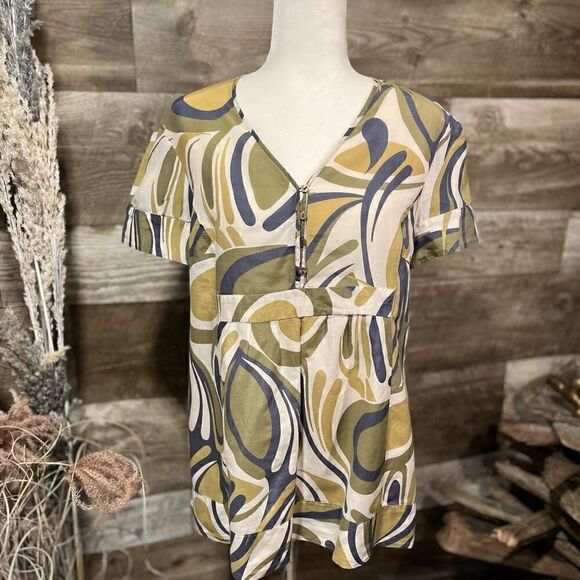 Kasper Silk/cotton blend blouse - olive and blue floral pattern - M - Picture 1 of 6